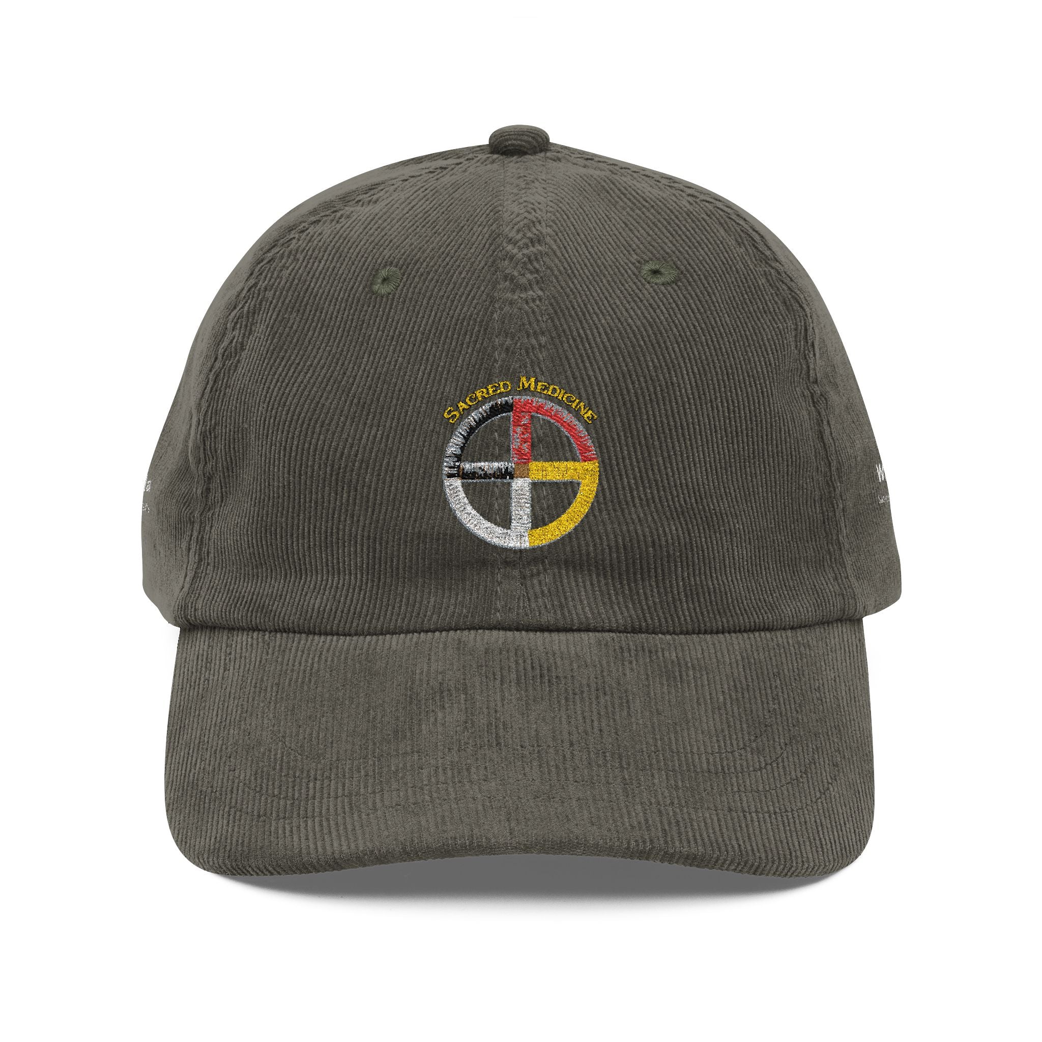 Embroidered Vintage Corduroy Cap — Ojibwe Sacred Medicine Wheel - Wakhanla