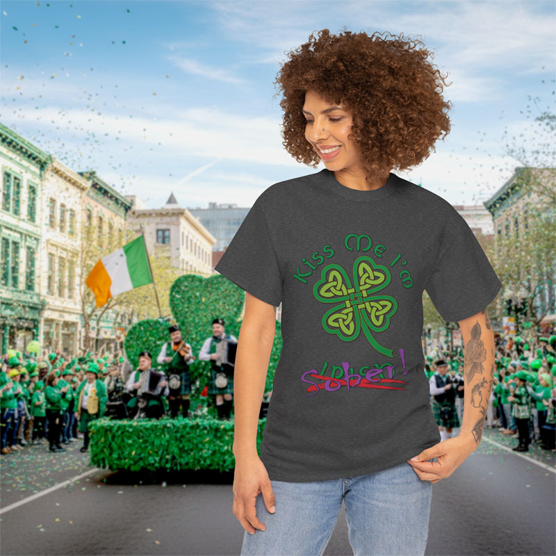 Kiss Me I'm Sober T-Shirt | Shamrock on Neutral Colors