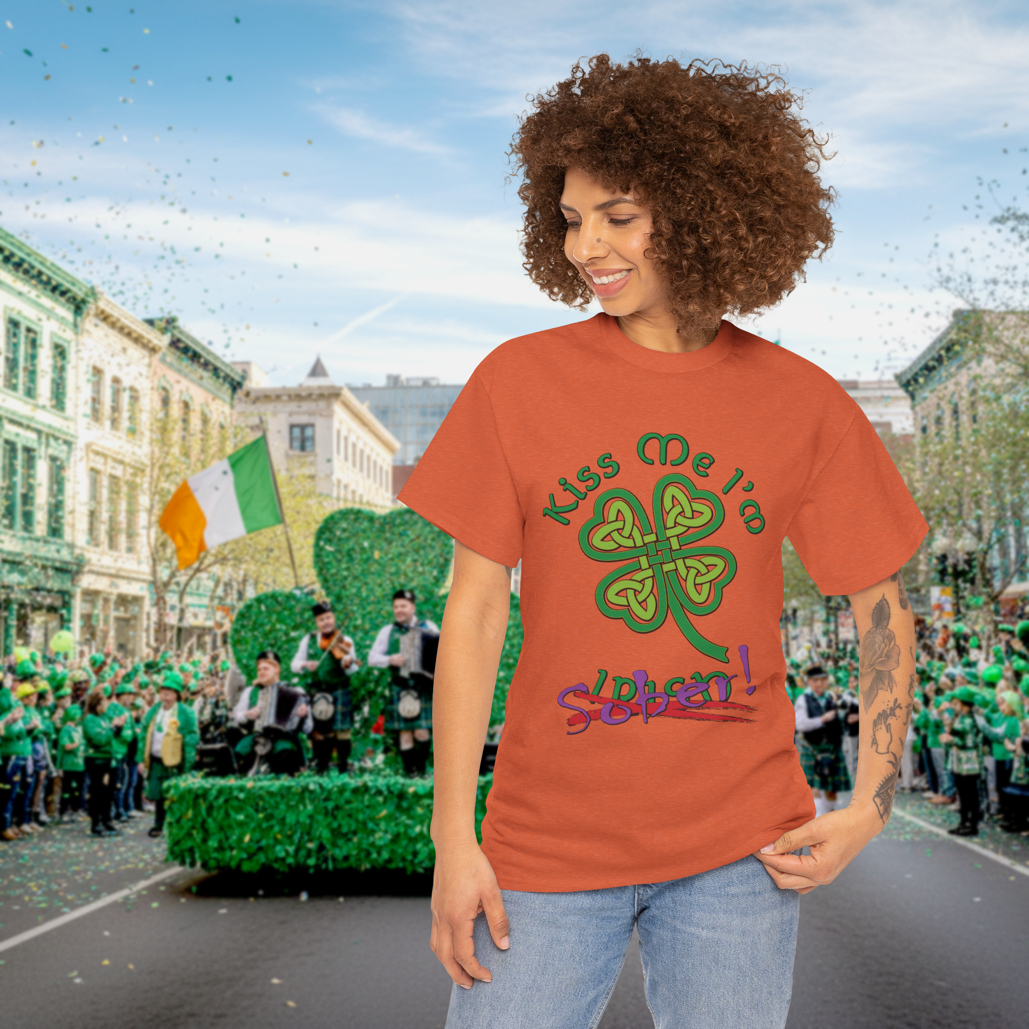 Kiss Me I'm Sober T-Shirt | Shamrock on Warm Colors