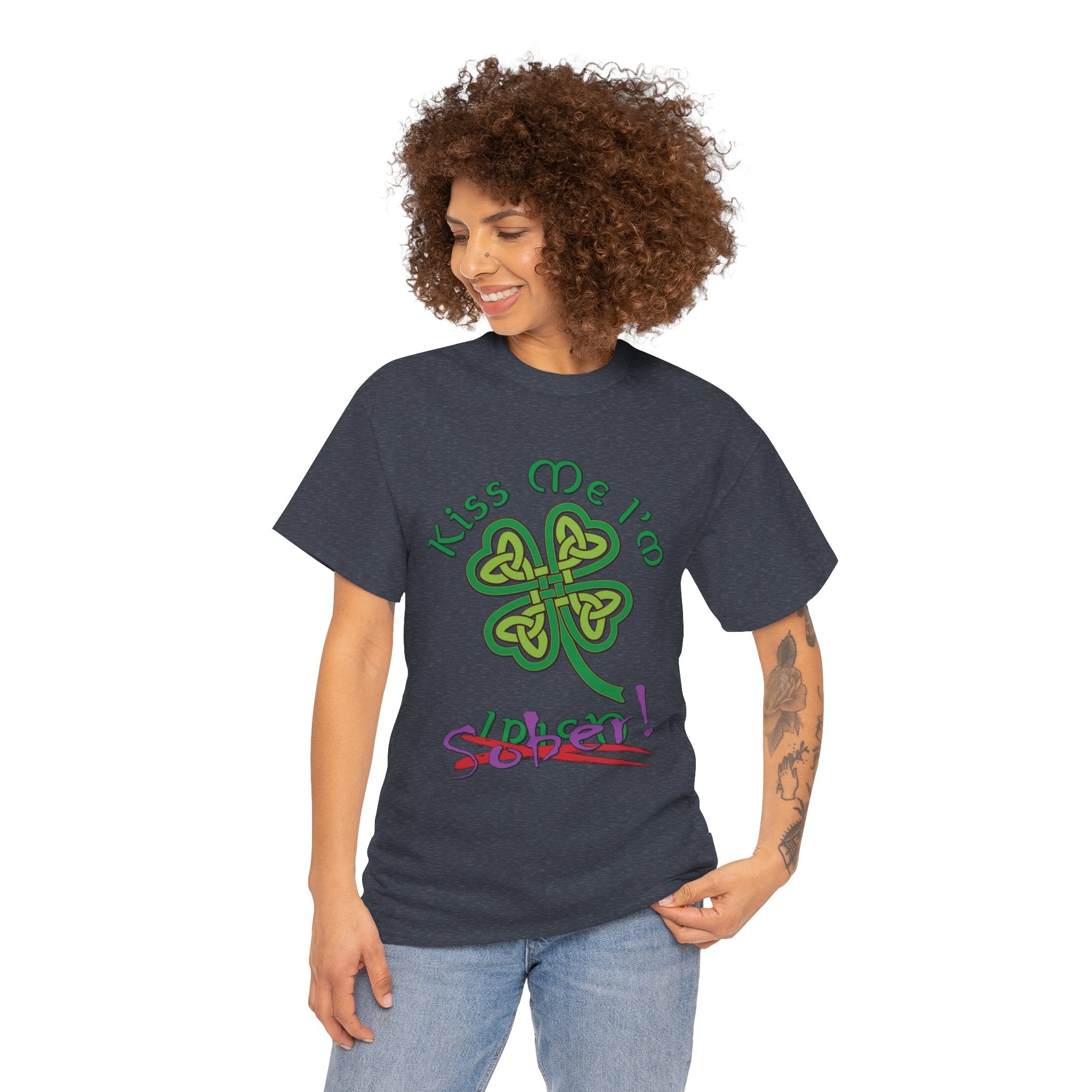 Kiss Me I'm Sober T-Shirt | Shamrock on Neutral Colors